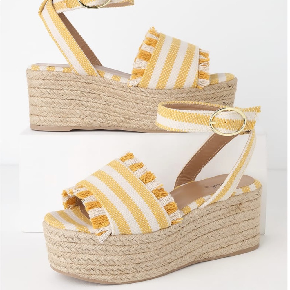 Lulus Daphnie Yellow and Beige Striped Espadrille Platform Sandals